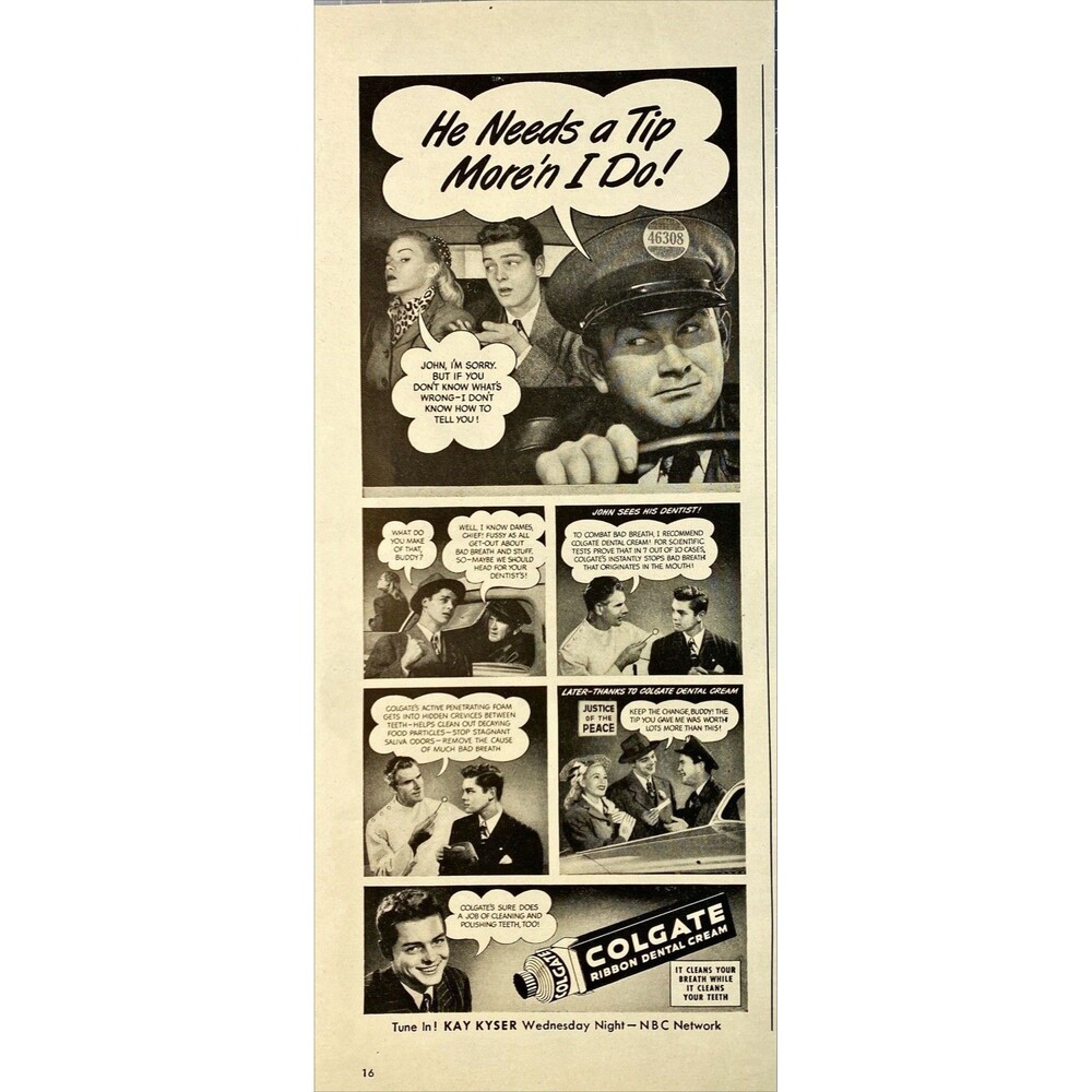 Colgate Ribbon Dental Cream "Tune to Kay Kyser Wednesday Nights" Print Ad 1946